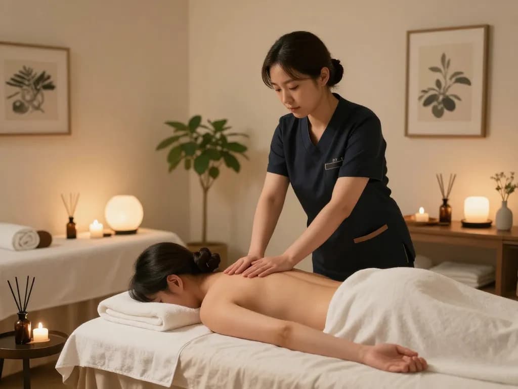 Therapist providing a soothing 역삼동마사지 in a serene spa environment.
