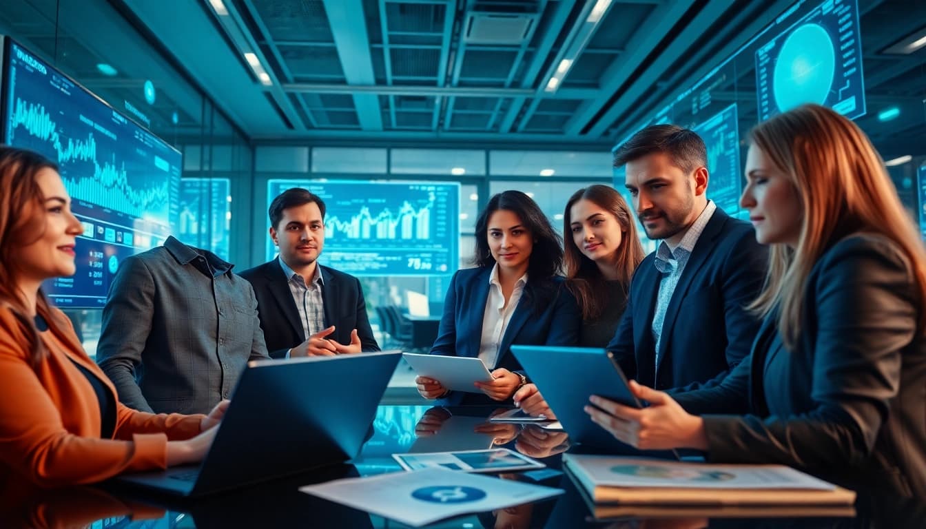 ICO professionals analyzing cryptocurrency trends in a modern office.