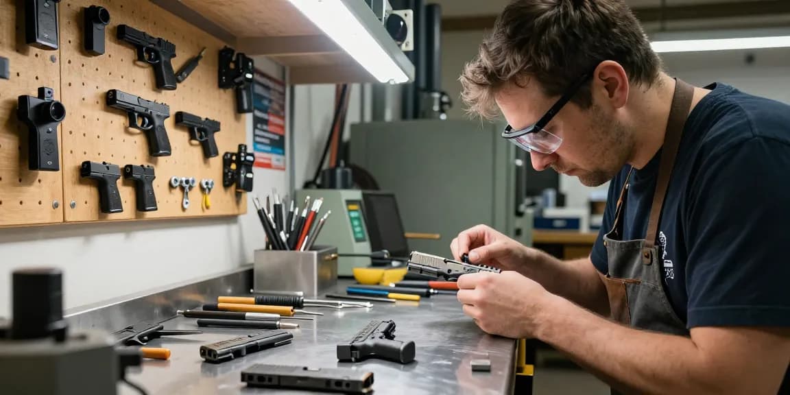 Gunsmith at https://precisionglockslides.com customizing a Glock slide, precision tools and parts visible on the workbench.