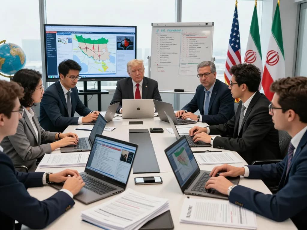 Team discussion on Trump Iran policy analysis in a modern office