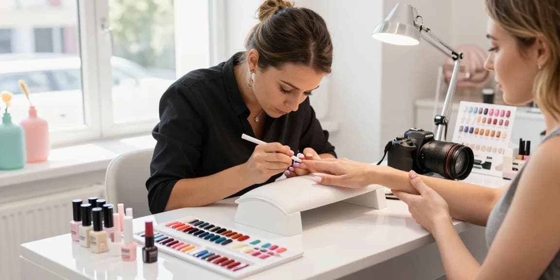 Folosind un kit unghii gel, un tehnician în unghii aplică cu măiestrie ojă gel într-un salon de înfrumusețare luminos.