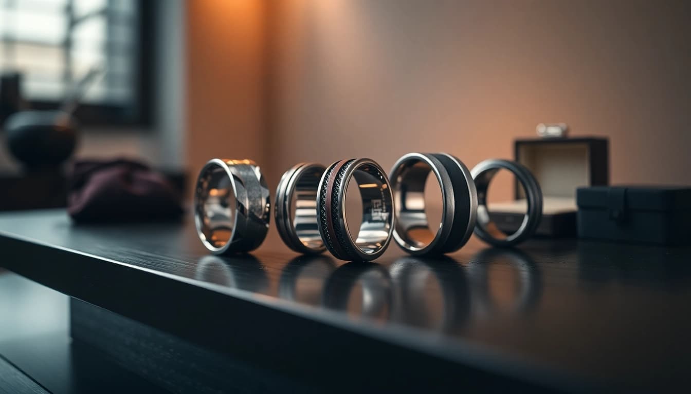 Tungsten rings showcasing intricate designs and polished surfaces in an elegant setting.