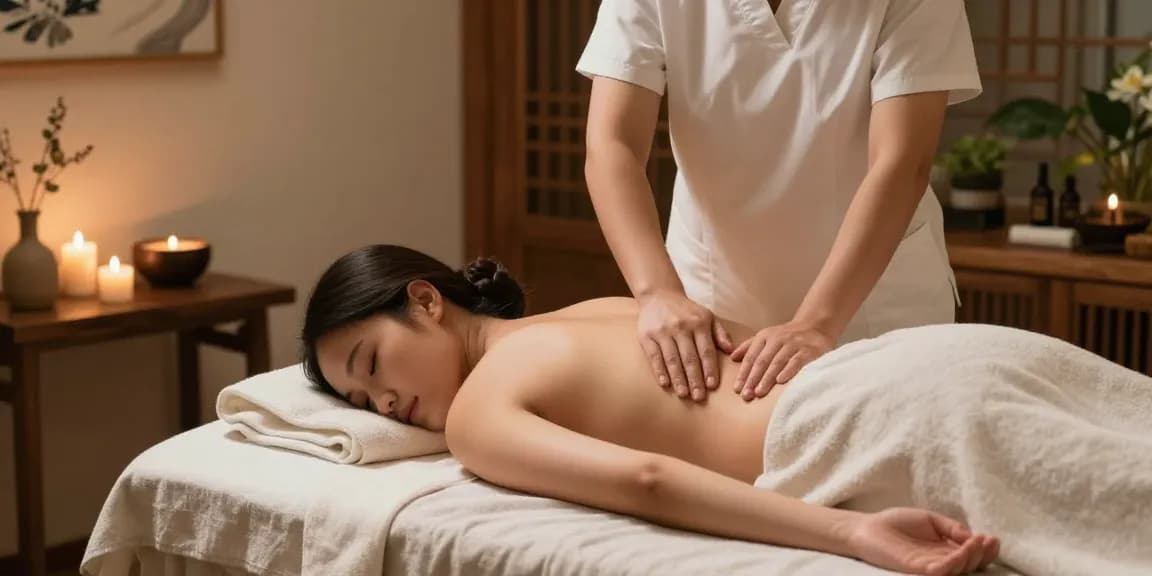 스웨디시 마사지 중인 모습, 마사지 테이블 위의 고객과 주변의 아로마 오일, 조명으로 편안한 분위기 연출