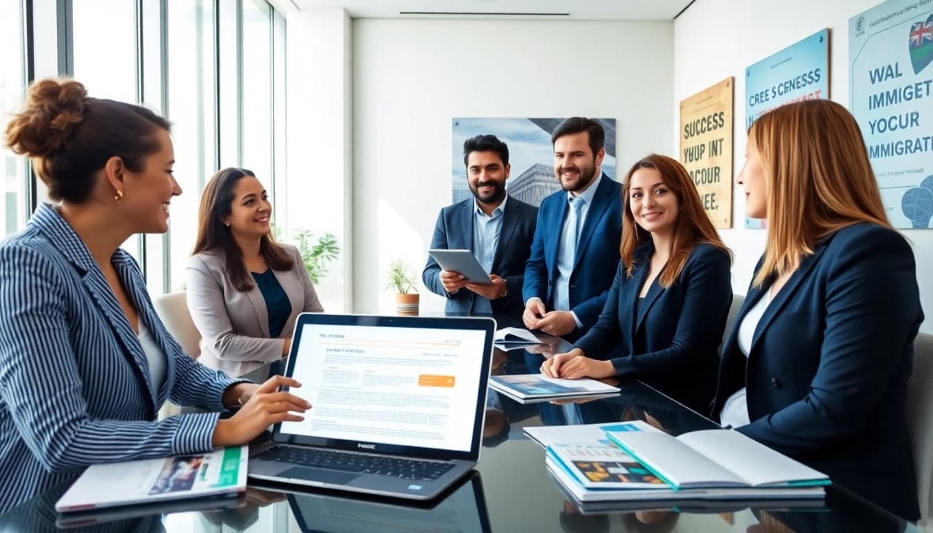 Migration agent in Brisbane consulting with clients in a professional office environment.