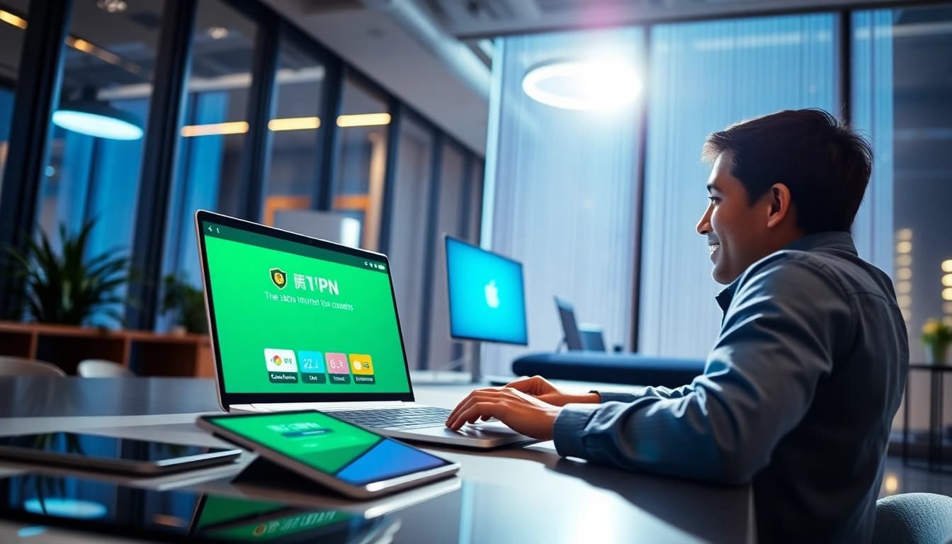 现代办公室中的快连 VPN 应用，象征专业人士的安全与稳定。
