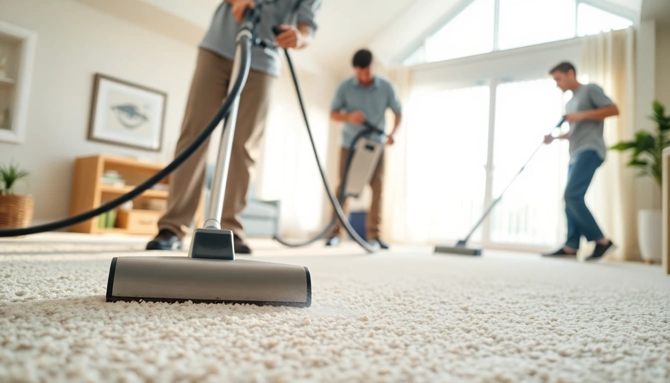 Carpet cleaners Roseville CA expertly cleaning a plush carpet in a sunny living room.