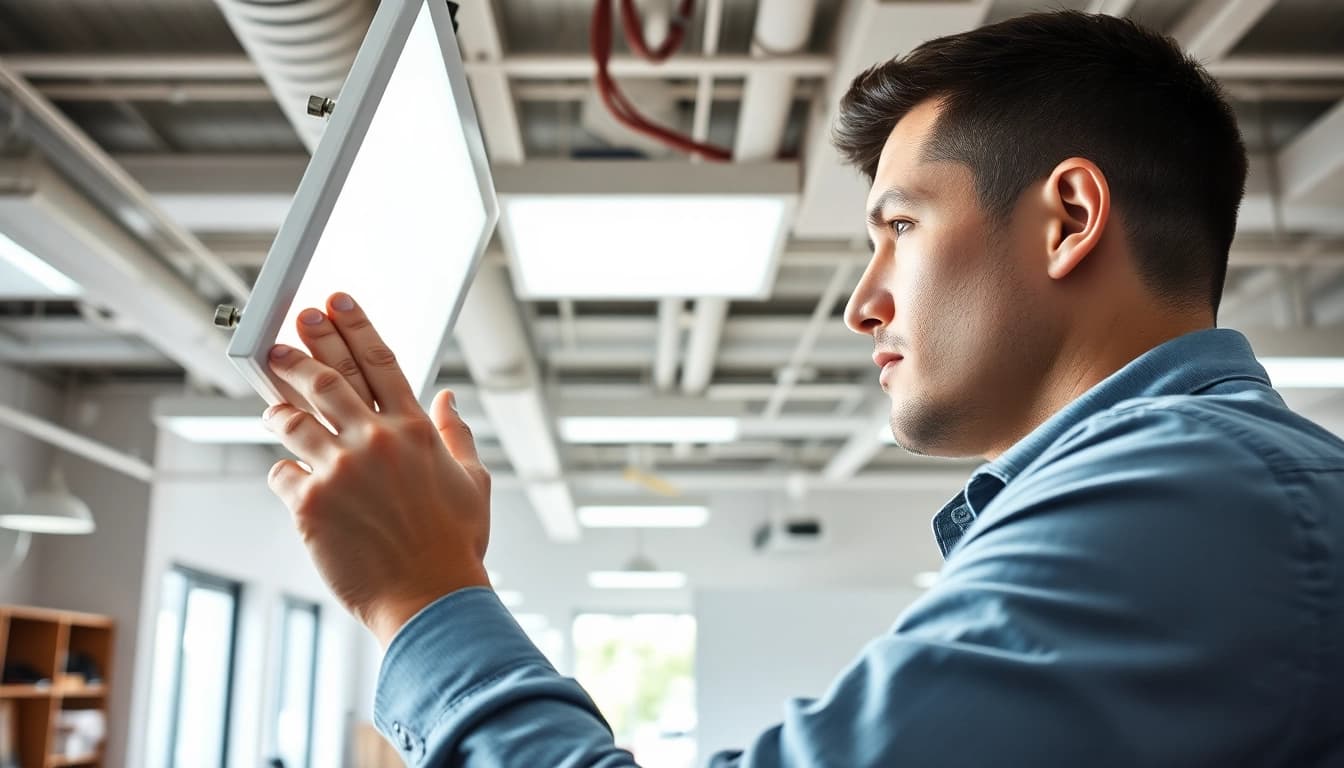 Edmonton lighting maintenance technician inspecting LED panels in a modern office.