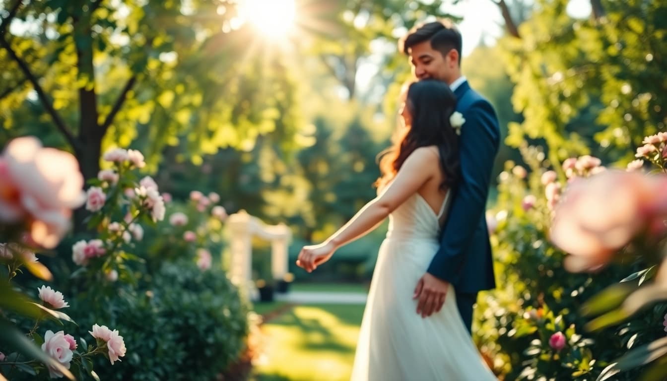 Wedding photographer capturing a romantic couple in a garden setting under soft sunlight.
