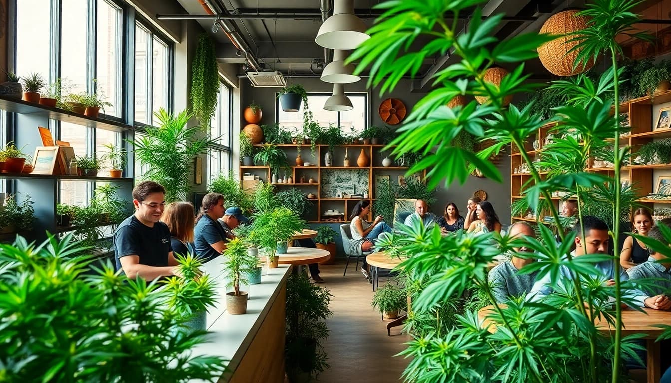 Montrez le Green Guyz club cannabis madrid avec un intérieur accueillant et des clients heureux.