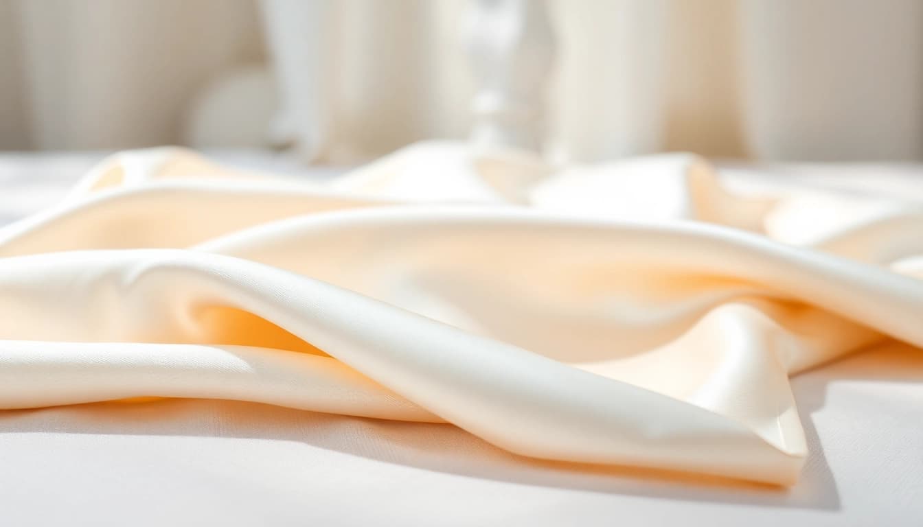 Satin stof met een glanzende textuur en luxueuze uitstraling op een zachte achtergrond.