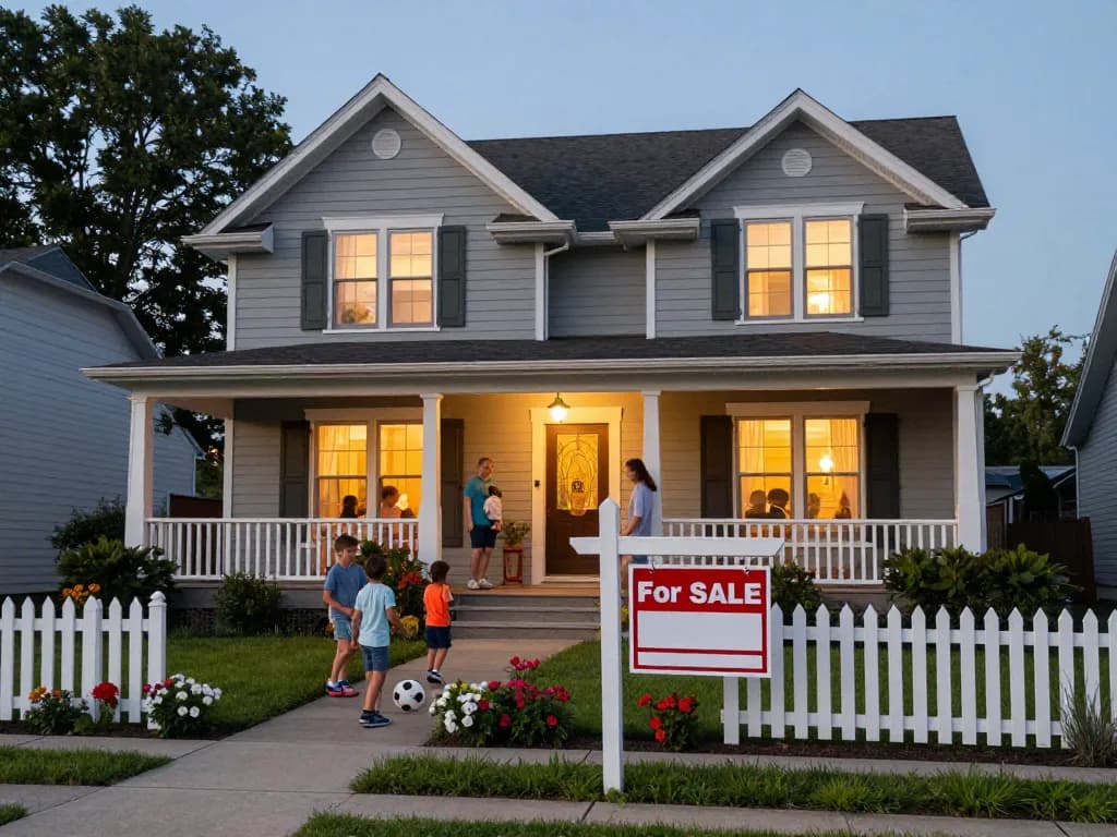 Sell my home urgently scene of family outside their charming house with 'For Sale' sign, evoking warmth and opportunity.