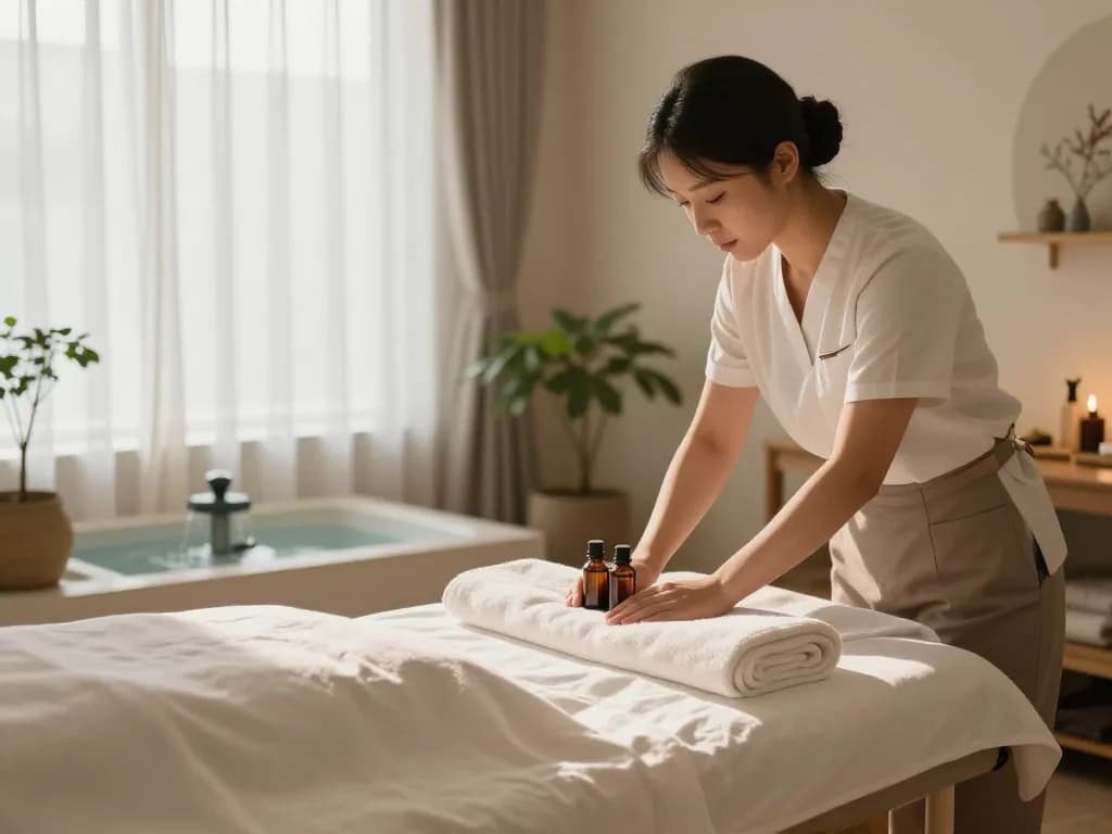 편안한 치료 공간을 준비하는 평온한 치료사를 보여주는 논현동마사지의 차분한 환경.