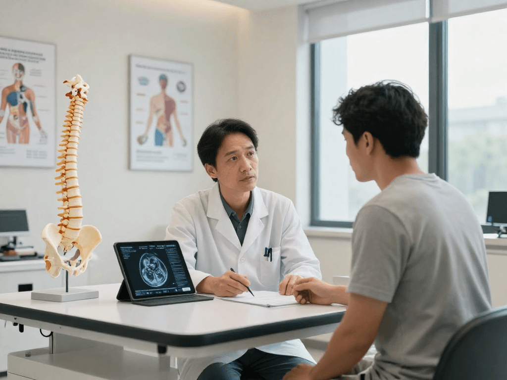 Bel kayması ameliyatı consultation with orthopedic surgeon in modern clinic setting.