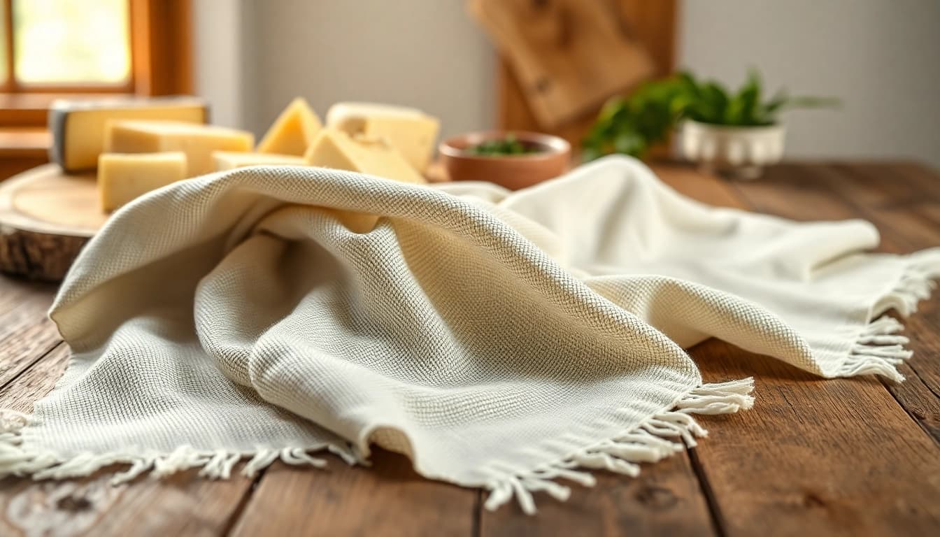 Een kaasdoek mooi uitgestald op een rustieke tafel met kazen en kruiden