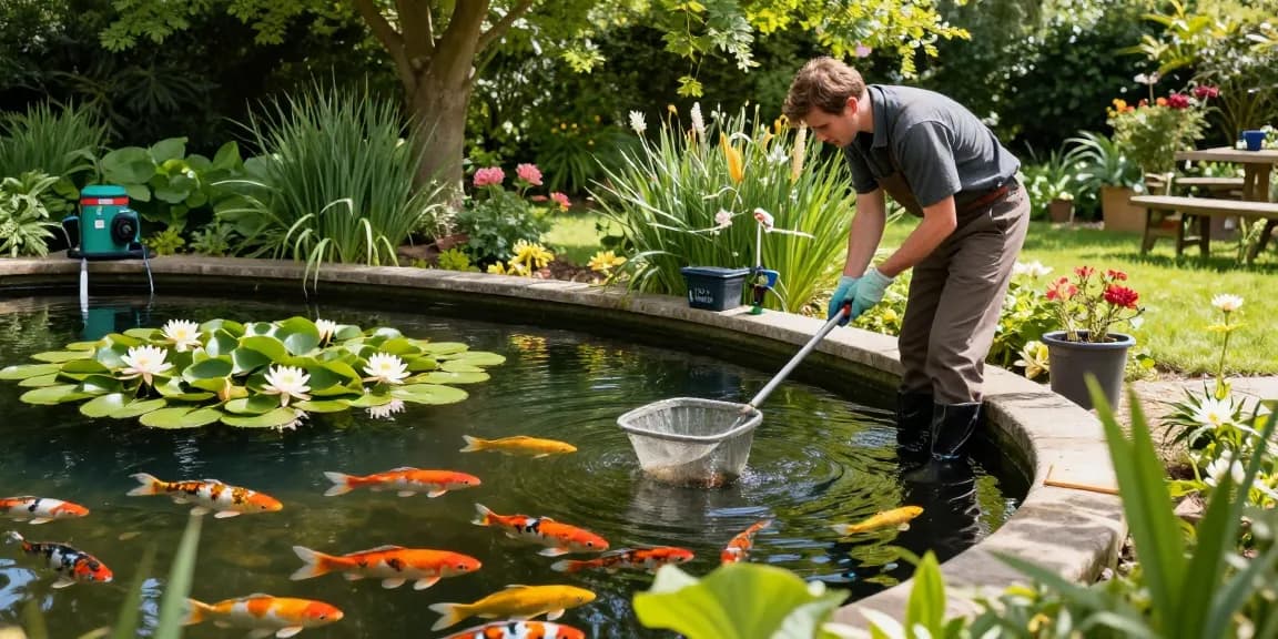 Pond Clean Sussex services showcase a professional cleaning a koi pond in a lush garden setting.