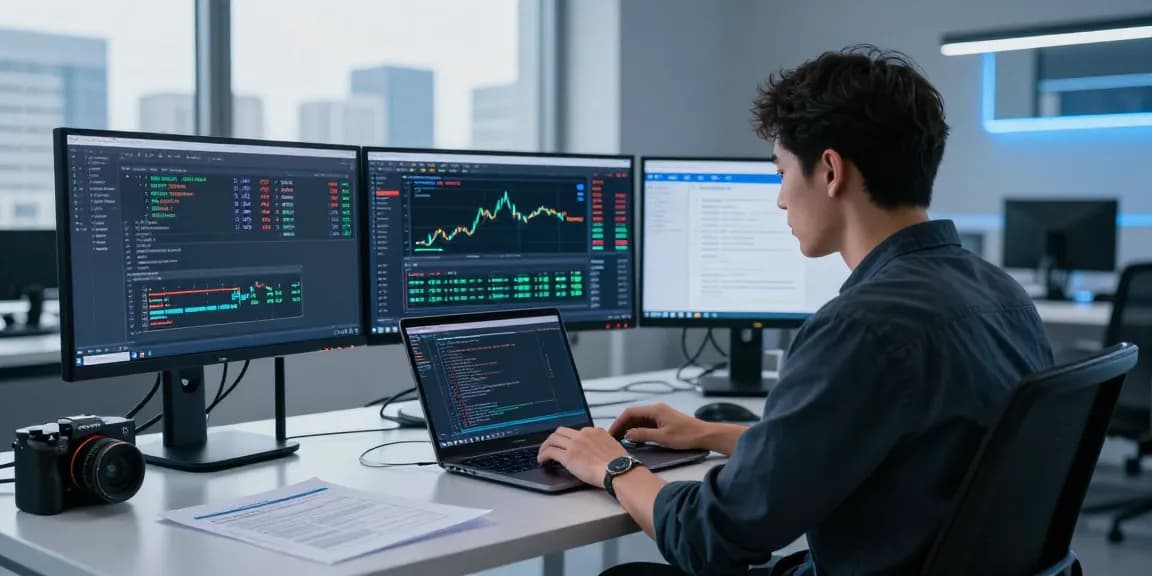 Focused developer utilizing the forex intraday data API on multiple screens, showcasing real-time exchange rates and analytical tools in a modern workspace.