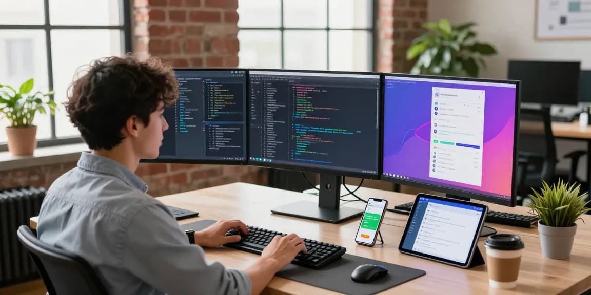 WhatsApp下載 and coding in a modern tech workspace with vibrant app design screens.