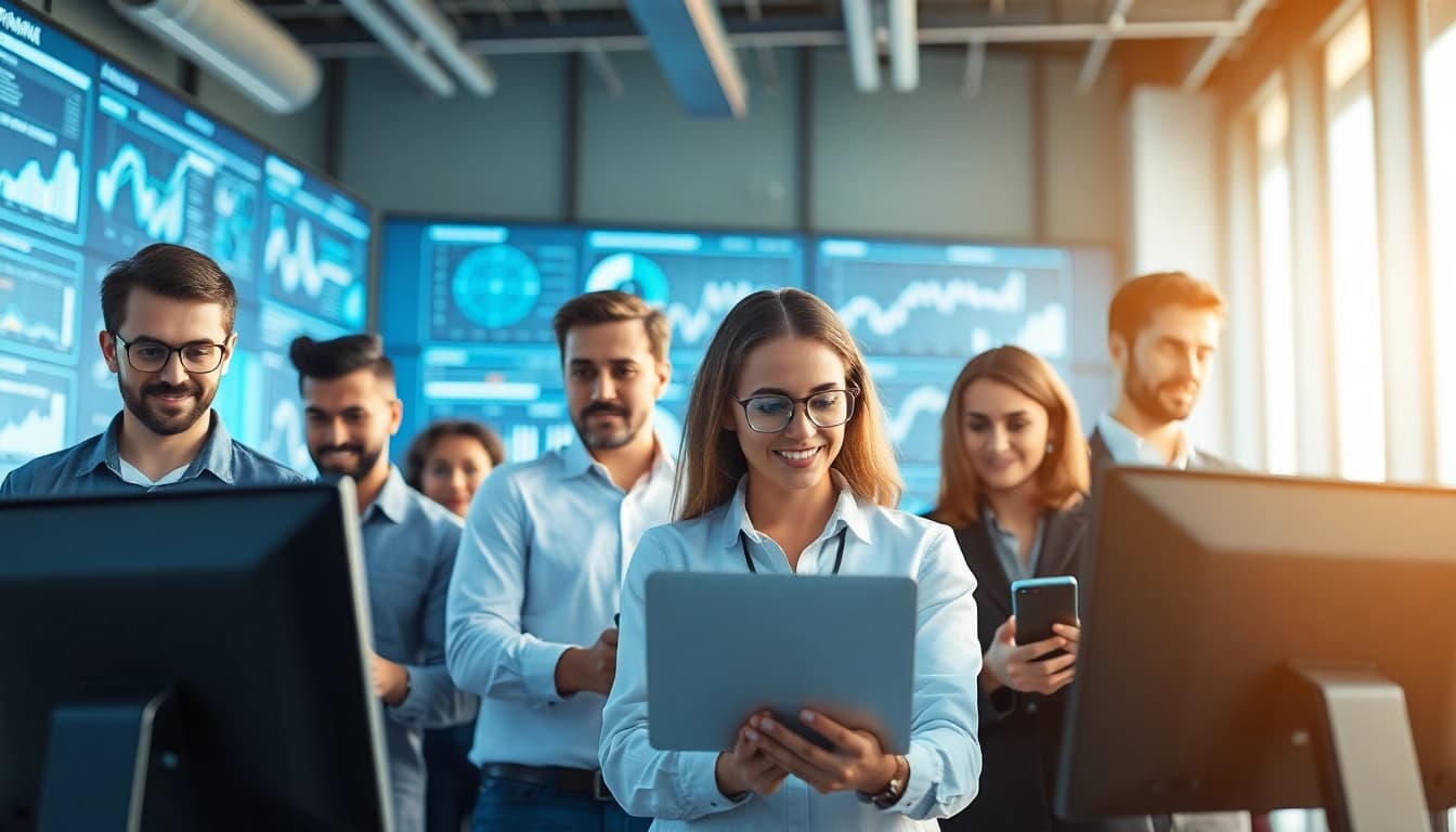 Showcasing technology, a diverse team collaborates in a bright, modern office.