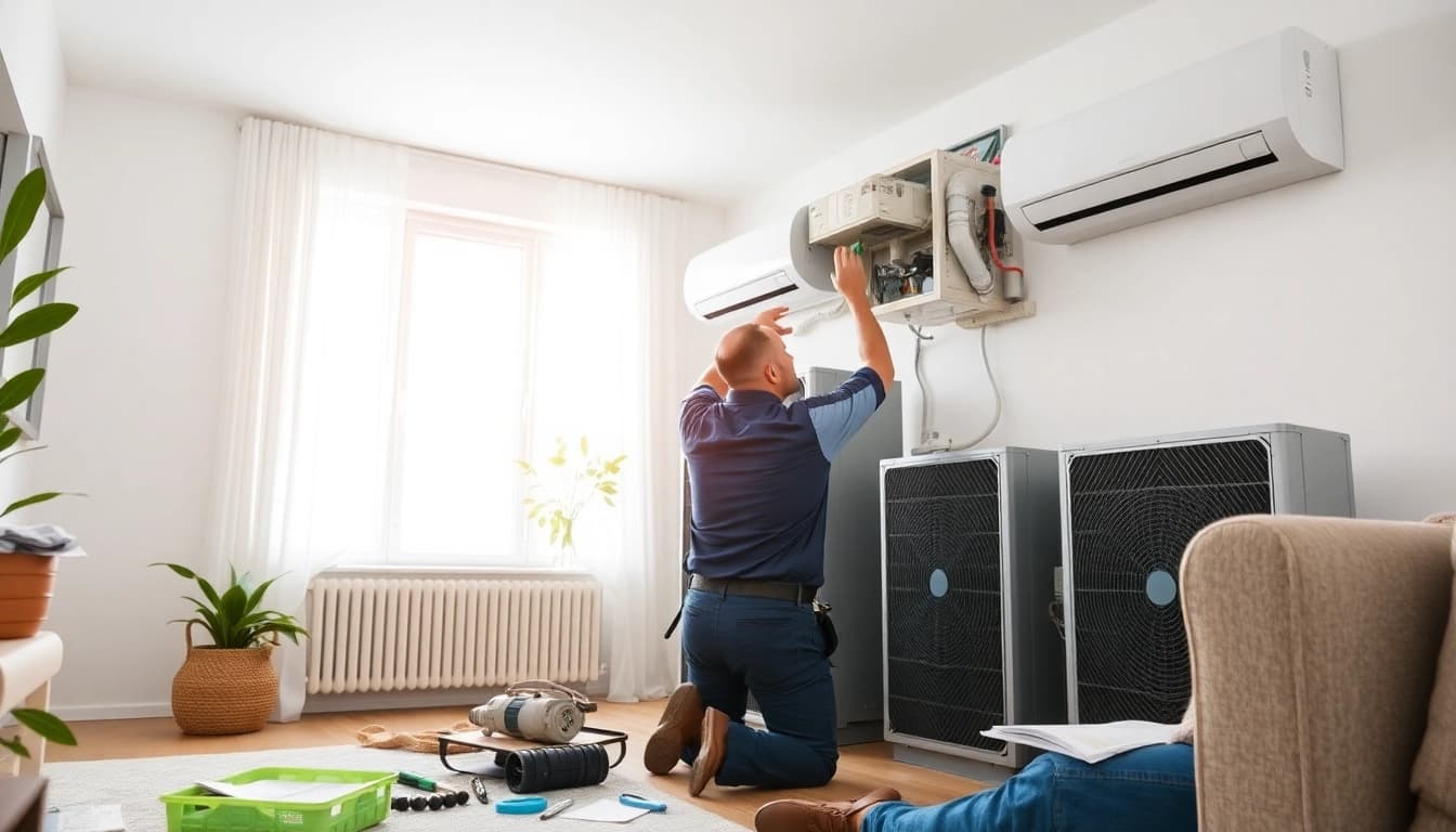 Installers adjusting energy-efficient HVAC systems with natural light in a modern home.