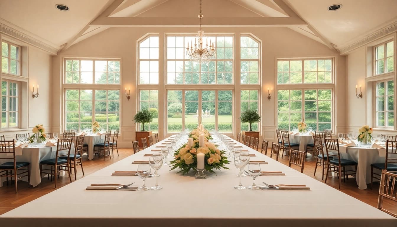 Elegant dining setup at Stowe Venue Hire, showcasing floral arrangements and ambient lighting.