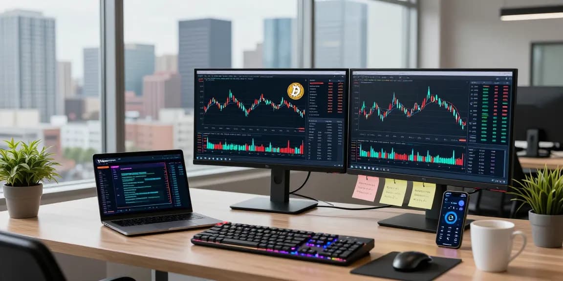Focused crypto trader analyzing charts on multiple screens in a secure cloud mining provider environment, showcasing advanced trading tools and a digital wallet.