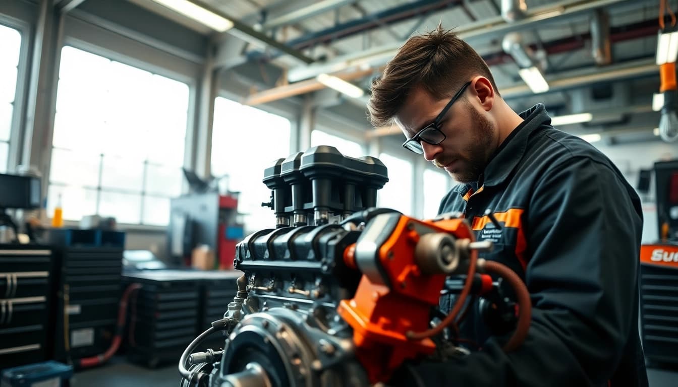 Approved Engines examined by a professional technician in a vibrant workshop environment.