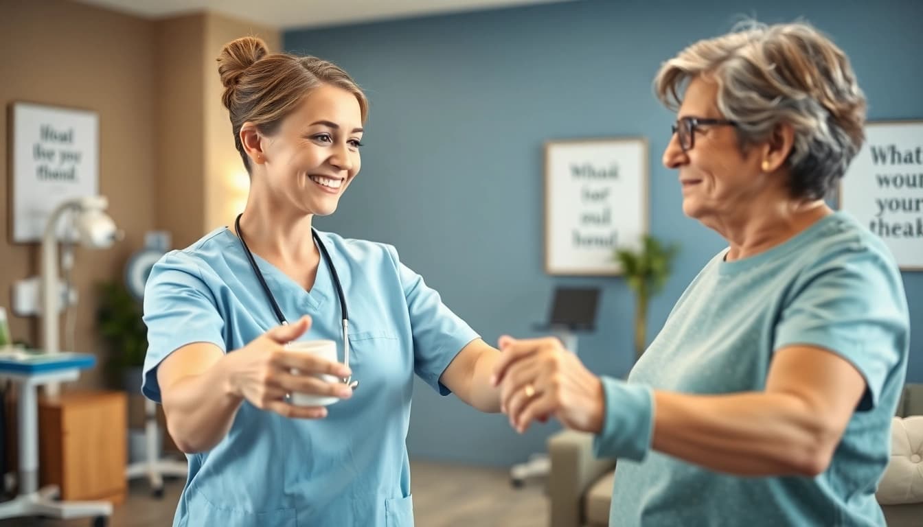 Senior physiotherapy Edmonton session demonstrating care with a patient in a welcoming clinic.