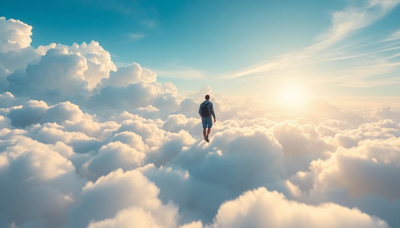 Walking on Clouds with a peaceful figure gently strolling over fluffy clouds in a serene landscape.
