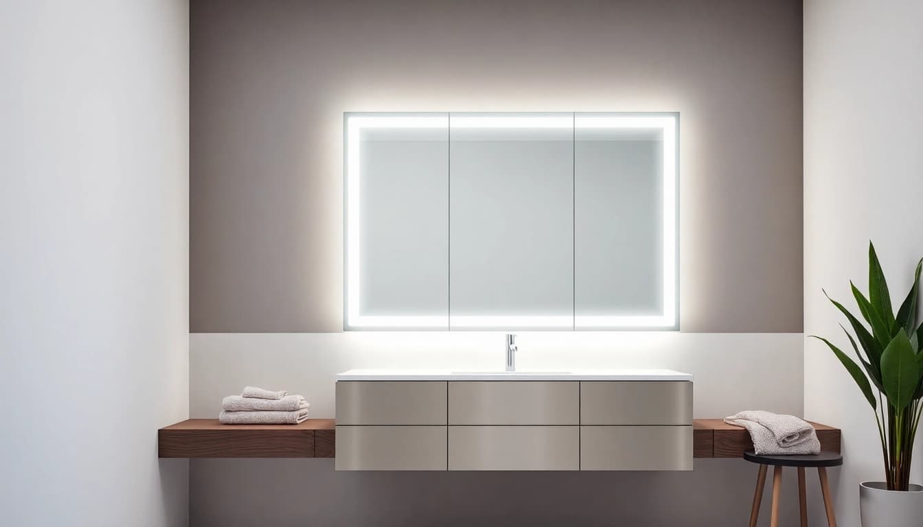 Erleben Sie den eleganten sonni Spiegelschrank mit LED-Beleuchtung in einem stilvollen Badezimmer.