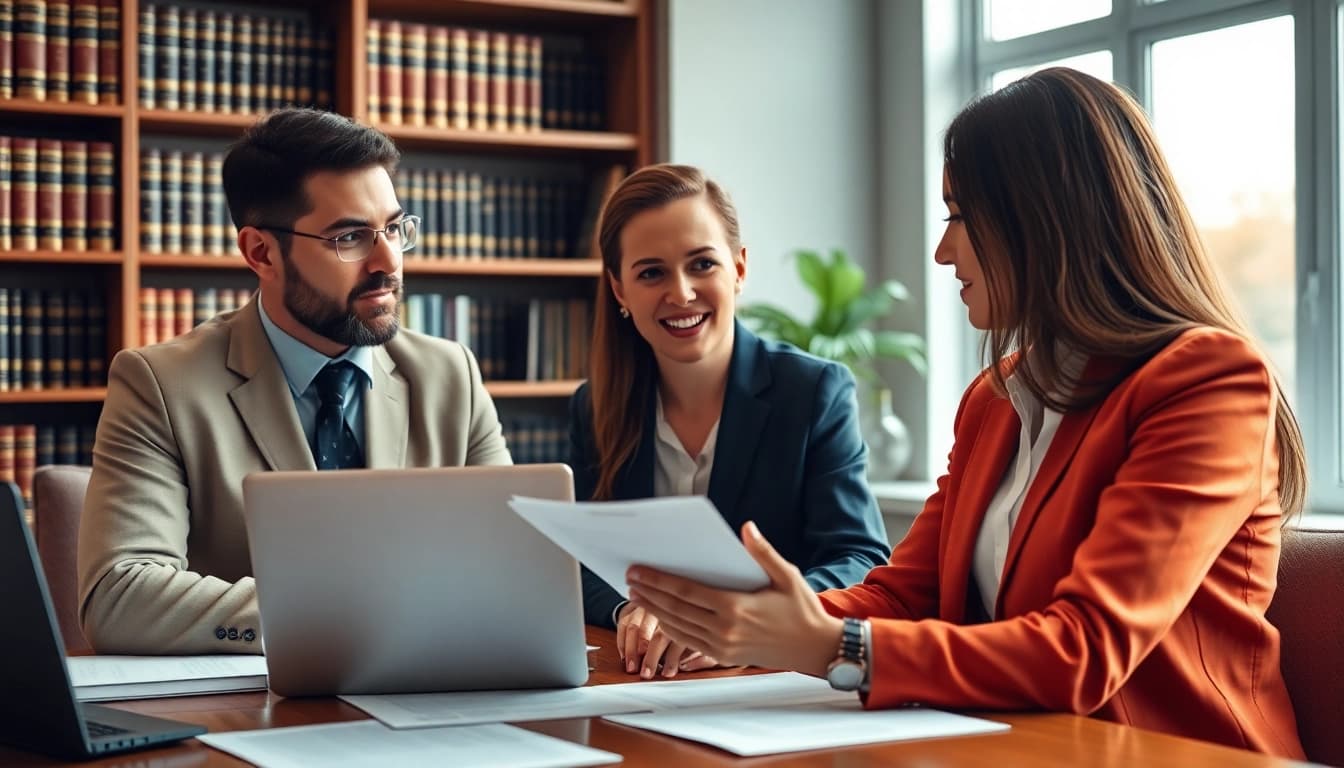 Couple discussing Family Law Financial Agreements with attorney in a professional setting.