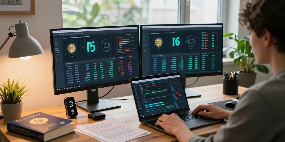 Automated bitcoin mining data on monitor in a secure crypto workspace with digital wallet tools.