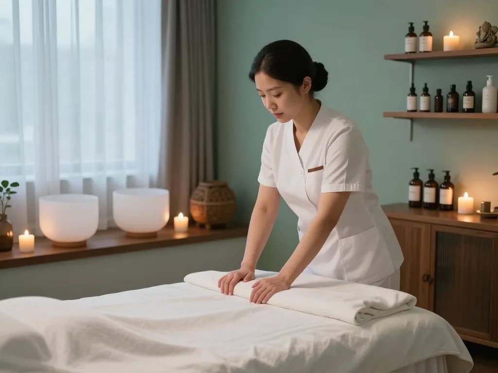 Relaxing 강남마사지 session in a tranquil spa setting with a professional therapist preparing the massage room.