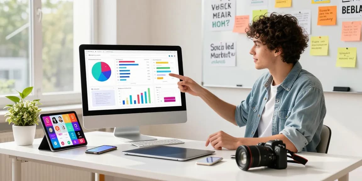 Engaging workspace scene showcasing the best sites to buy Instagram likes with influencer analyzing social media metrics.