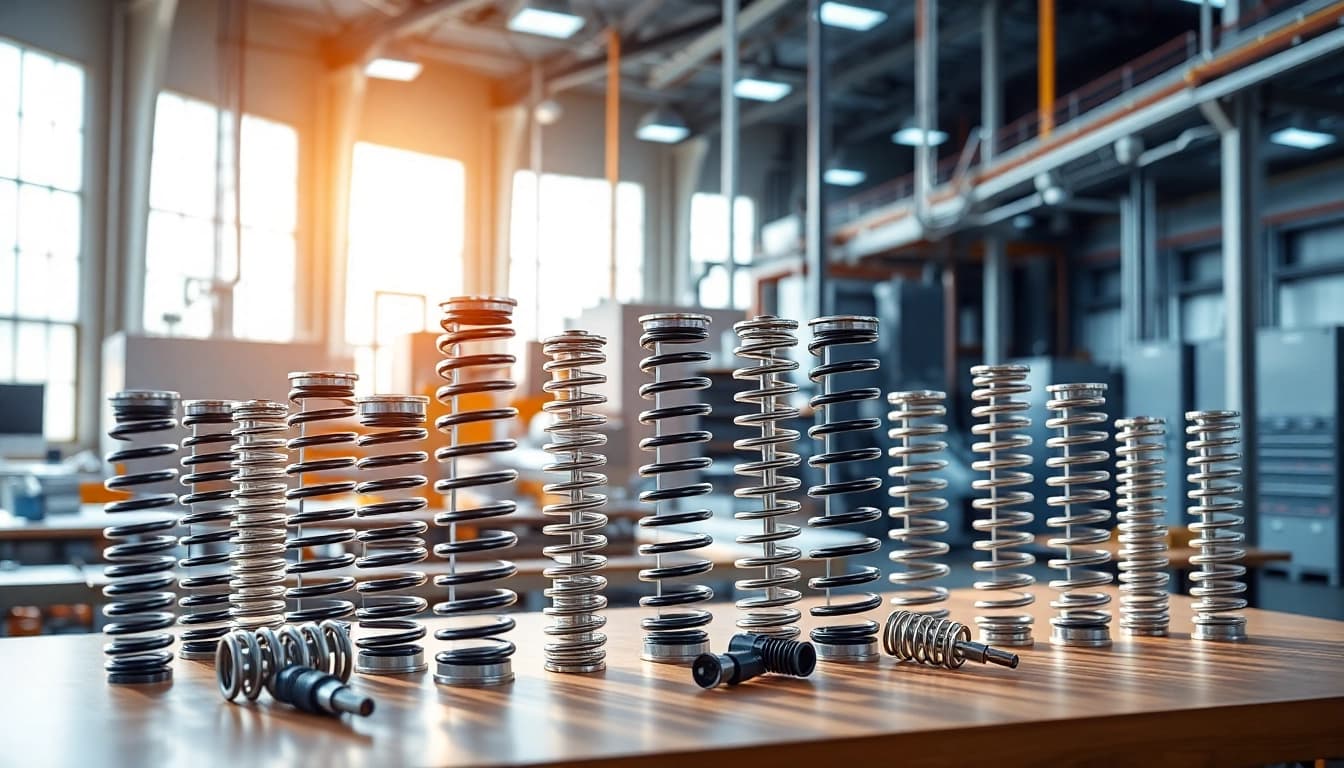 Gas Spring Manufacturer showcasing a variety of gas springs in a bright, modern workspace.
