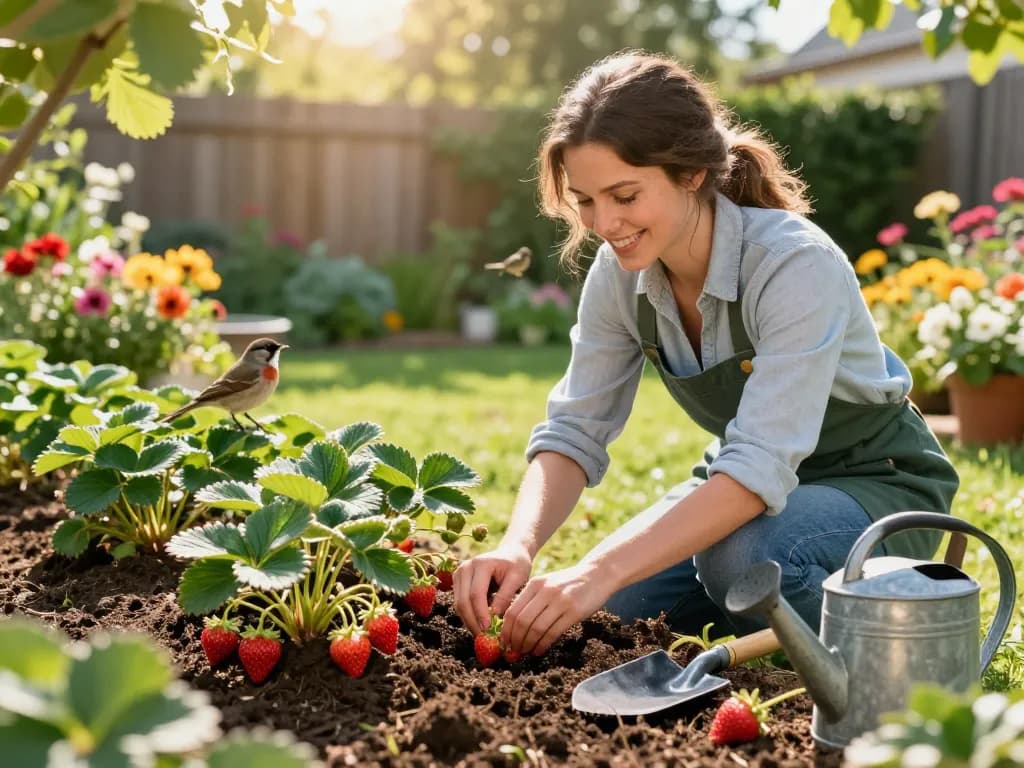 Woman planting strawberry plants in a sunny garden, showcasing aardbeienplanten kopen with vibrant fruits and rich soil.