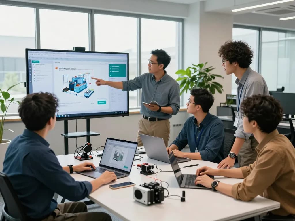 Engineers collaborating on Siemens industrial automation solutions in a modern office.