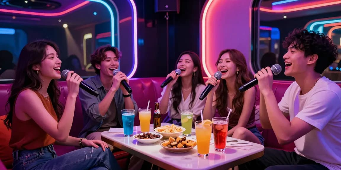 강남 가라오케에서 친구들과 함께 노래를 부르며 즐거운 시간을 보내는 모습