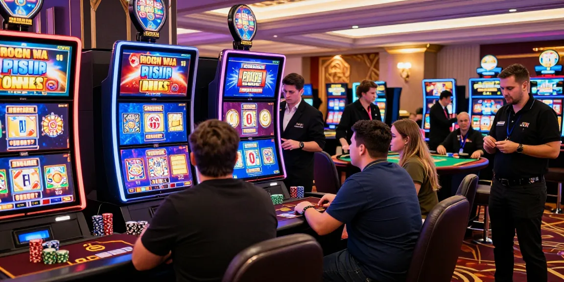 Exciting scene of players enjoying non UK slot sites in a vibrant casino environment, showcasing diverse gaming experiences and promotions.