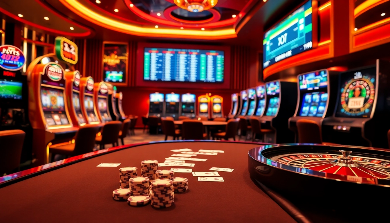 Engage with the excitement of 222bd club's immersive casino experience featuring vibrant slot machines and poker tables.