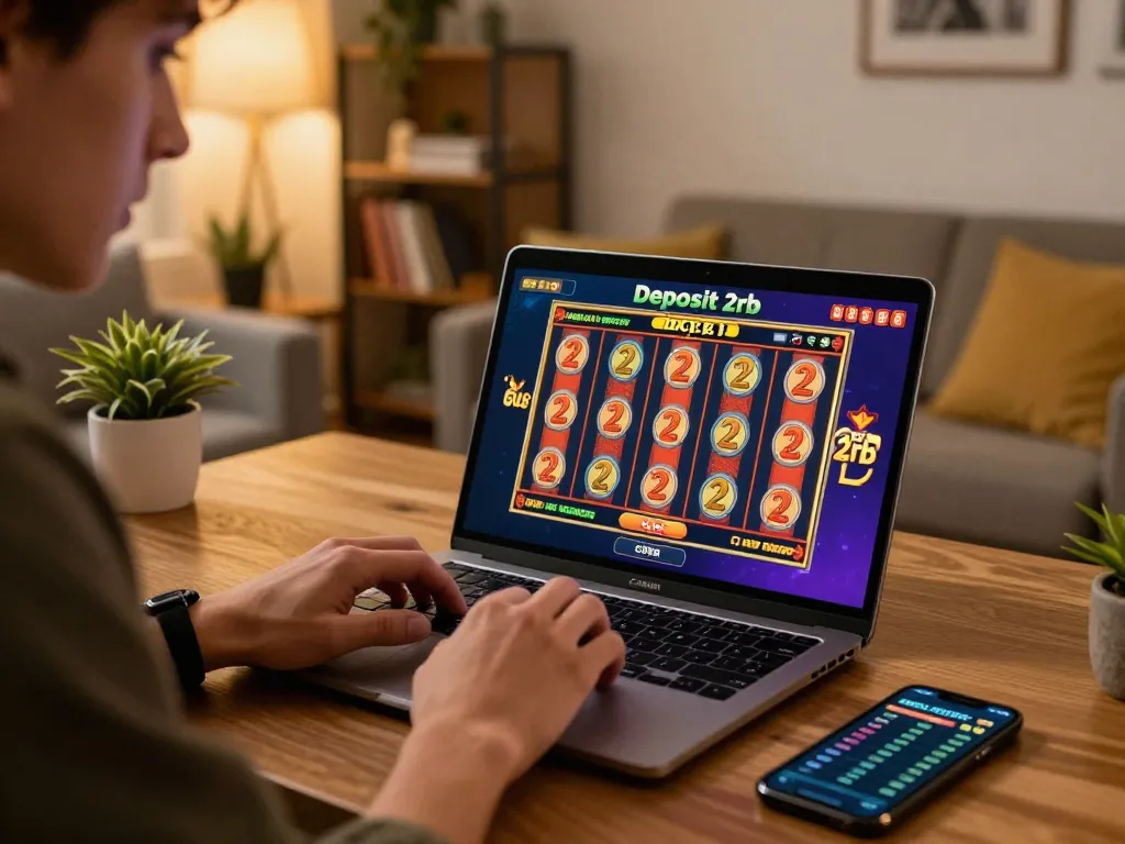 Engaging online casino player using a laptop to explore slot deposit 2rb game options, showcasing a colorful gaming experience.