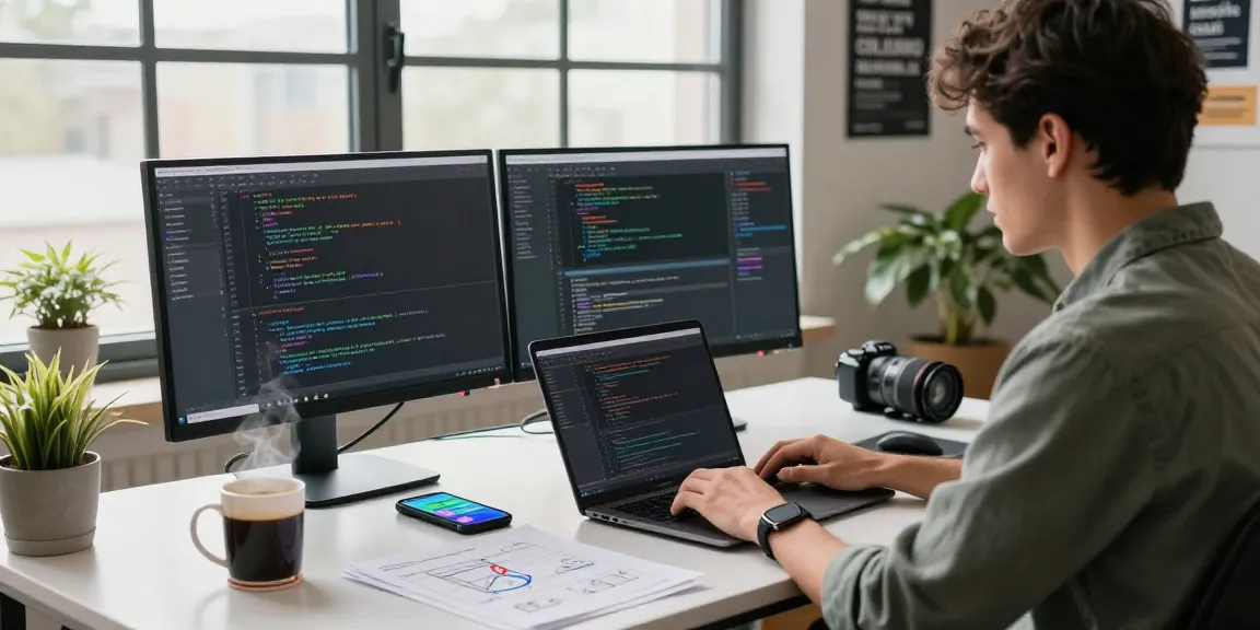 Dynamic workspace with a developer coding, 纸飞机下载 on monitors, showcasing a modern tech atmosphere.