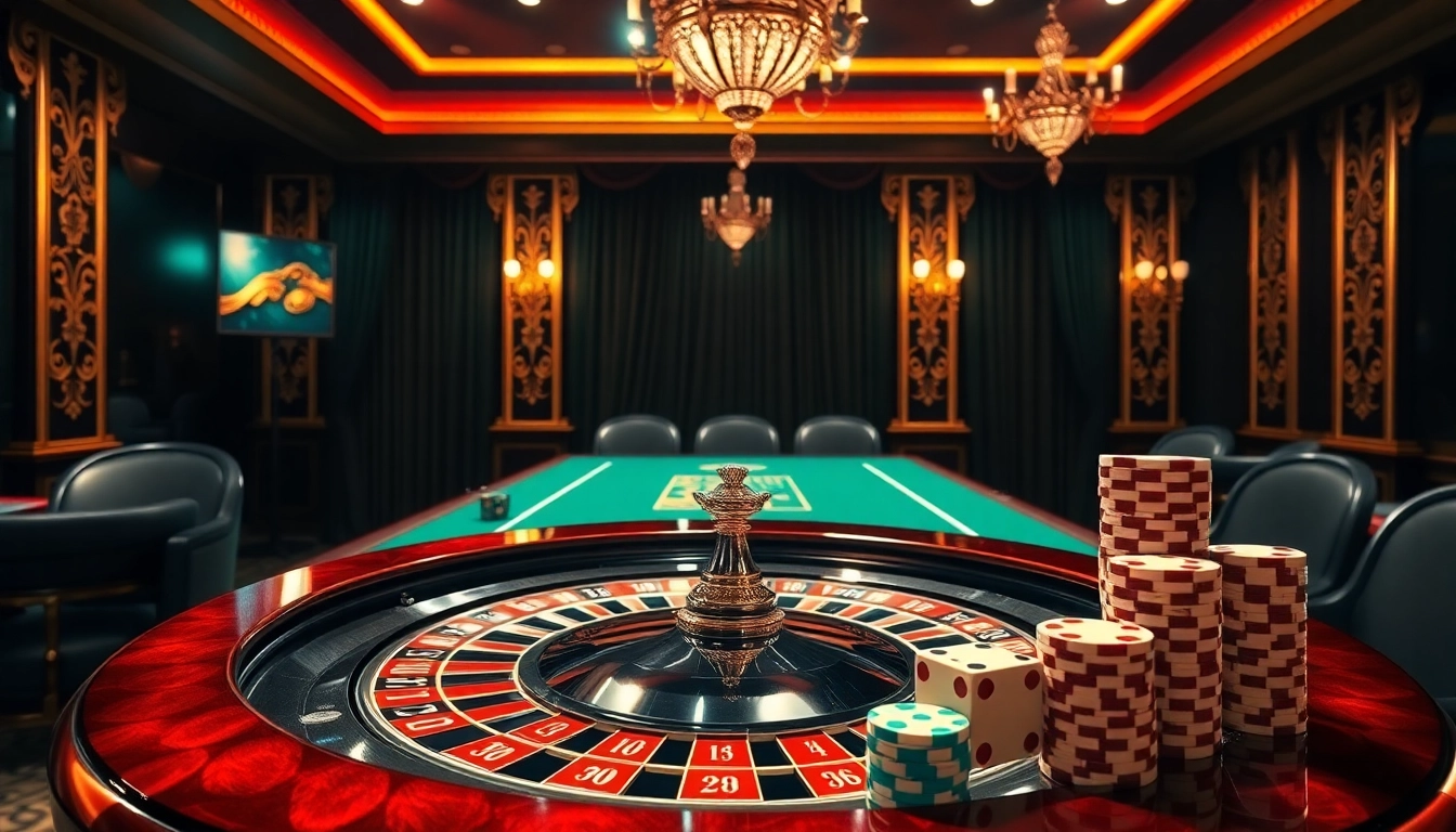 Betting excitement at https://bj388.boats/ with roulette and poker chips in a luxurious casino setting.