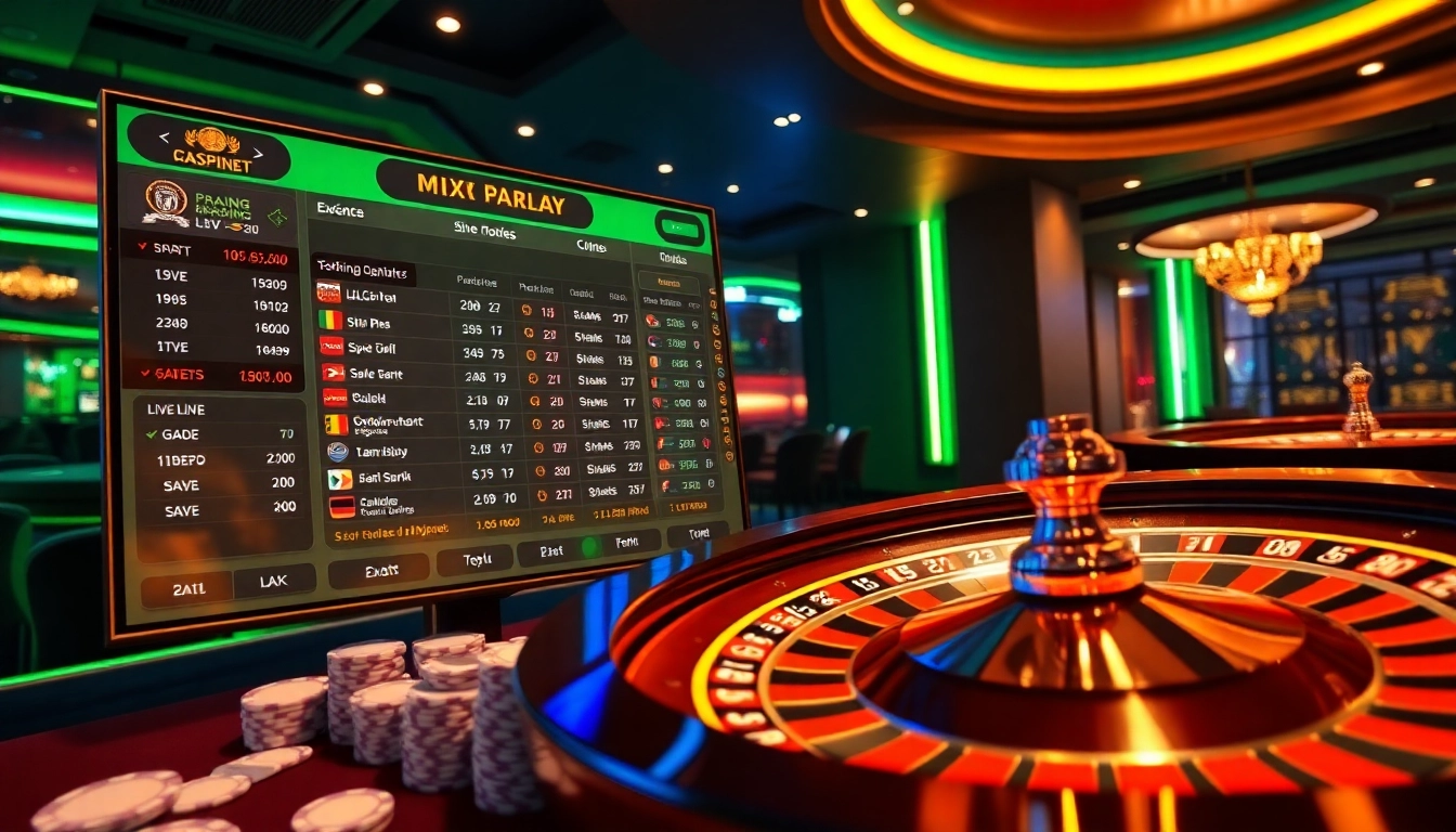 Visual representation of mix parlay betting on a digital sports platform amid an elegant casino backdrop.