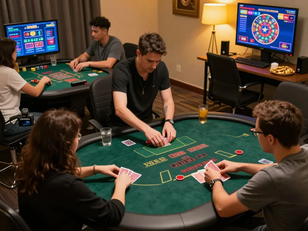 NK88 online casino scene with players engaging in card games, showcasing excitement and strategy.