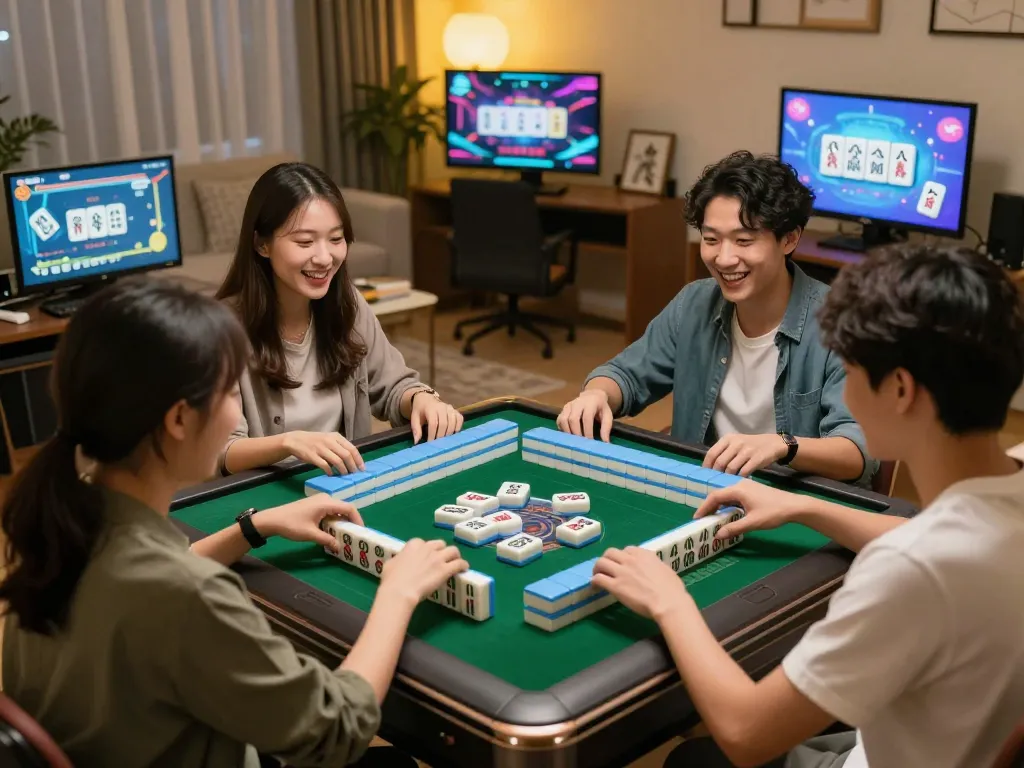 Players immersed in Mahjong game at an online casino, celebrating wins with vibrant graphics.