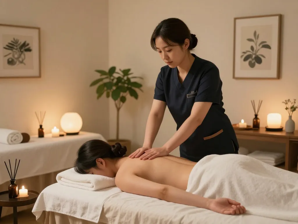 Therapist providing a soothing 역삼동마사지 in a serene spa environment.