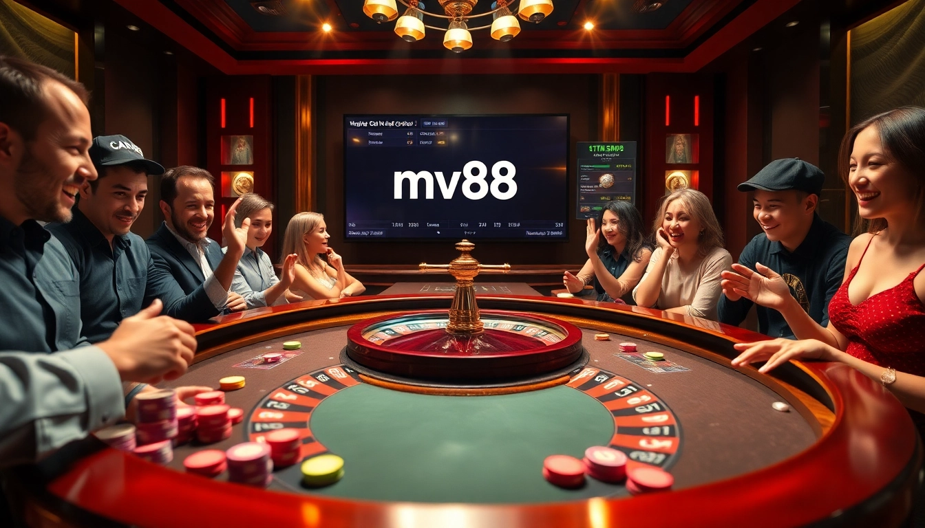 Players interact at the mv88 roulette table, showcasing excitement and betting strategy in a vibrant casino atmosphere.