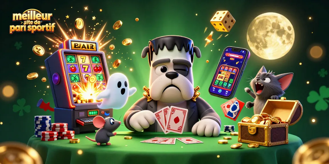 Illustration colorée d'un bulldog Frankenstein et un chaton loup au meilleur site de pari sportif.