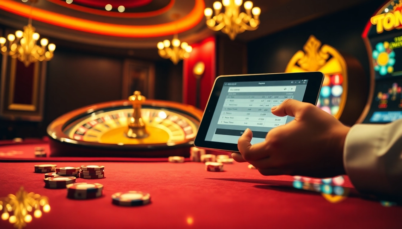 Interface passionnante de casino en ligne avec des jetons de poker et une roue de roulette.