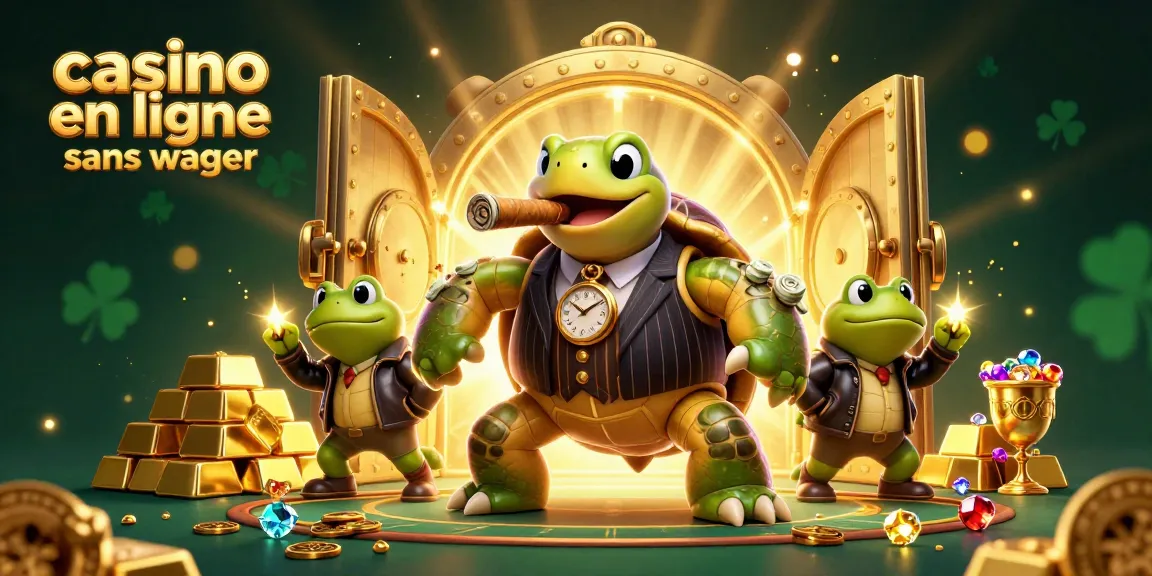 Jouez au casino en ligne sans wager avec ce visuel coloré mettant en avant une tortue et des grenouilles en enflant l'expérience de jeu dans une ambiance de casino